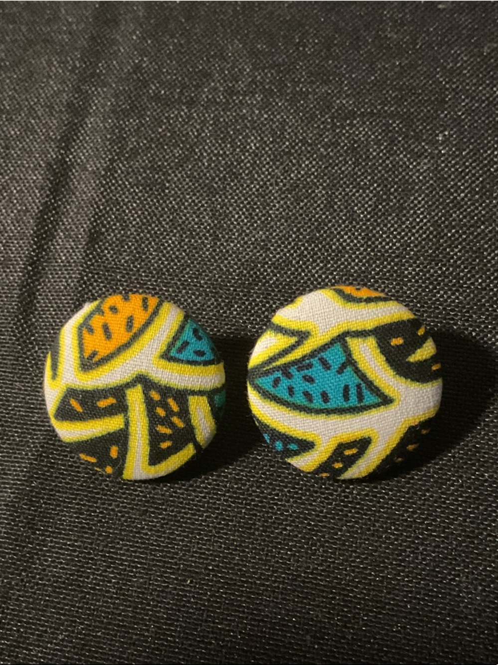 Fabric-Covered Button Earrings in Yellow, Teal and Black